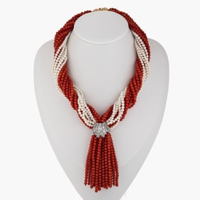 Pearl and coral tassel necklace.