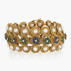 Vintage 18K Yellow Gold Sapphire, Emerald ,Pearl And Diamond Bracelet