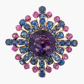 An Amethyst,Sapphire and Ruby Brooch.