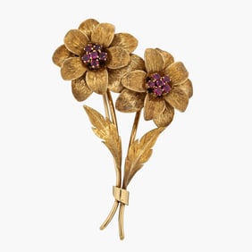 Tiffany@Co. Vintage Ruby And Gold Floral Brooch