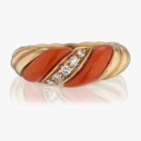 Coral,Diamond And Gold Twisted Ring