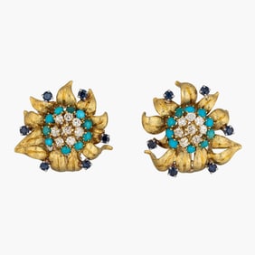 C`1960`s Sapphire,Turquoise and Diamond 18K Yellow Gold Earrings