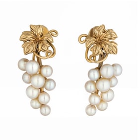 Vintage Grapes Seed Pearl Earrings in 14K Yellow Gold