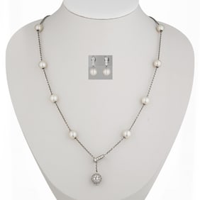 Mikimoto Motion Collection Pearl and Diamond Necklace and Earrings , Set,Box