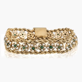 Vintage Pearl and Emerald 14K Yellow Gold Bracelet