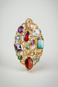 Vintage Italian 18K Gold And Multicolor Brooch