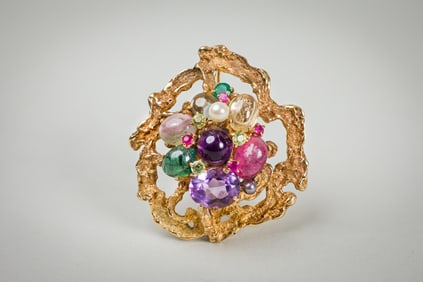 Vintage 14K Gold And Multicolor Brooch