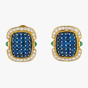 Vintage Invisible Set Sapphire, Diamonds and Emerald Ring in 18K Yellow Gold