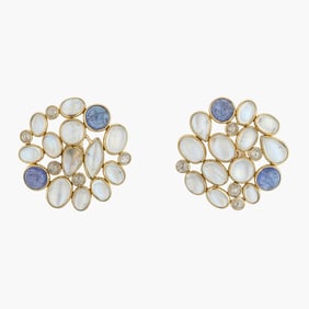 Moonstone, Diamond and Tanzanite Earrings in 18K Yellow gold