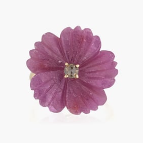Hand Carved Pink Sapphire and Diamond Flower Ring in 18K Yellow Gold