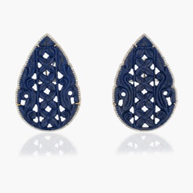 Hand Carved Lapis Lazuli and Diamonds Earrings in Silver and 14K Yellow Gold