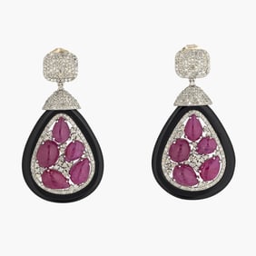Rubies,Diamonds and Onyx Earrings in 14K Yellow Gold and Silver