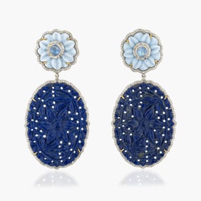 Lapis Lazuli ,Diamond , Blue Opal and Moonstone Earrings in Silver and 14K Yellow Gold