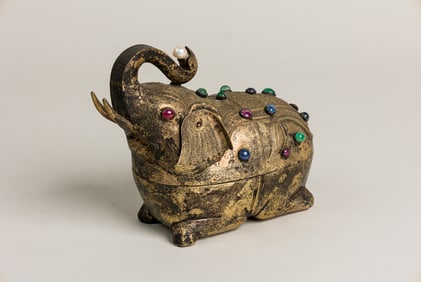 Gilt bronze gem studded elephant betel box