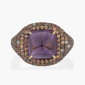 Sugerloaf Cut Amethyst ,Orange Sapphire and Diamond Ring in Silver and 14K Yellow Gold