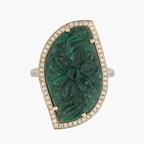 Carved Emerald with Mughal Motif and Diamond Leaf Ring in 18K Yellow Gold