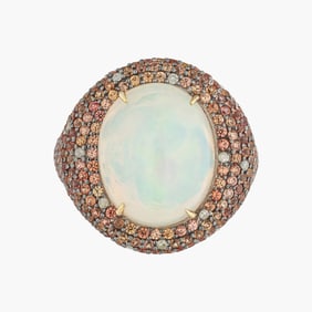 Opal Multi Color Sapphire and Diamond Ring in Silver and 14 K Yellow Gold