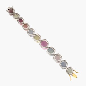 Multi Color Sapphires and Diamond Bracelet in Silver and 14k Yellow Gold
