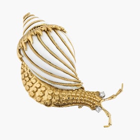 Vintage David Webb Diamond White Enamel Snail Brooch in 18K Yellow Gold