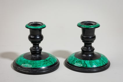 Pair Victorian Ashford Black Marble and Malachite Candlesticks