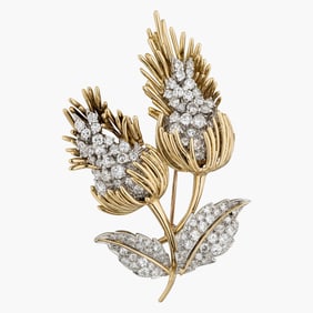 Vintage Flower Brooch In 18K Yellow Gold And Platinum