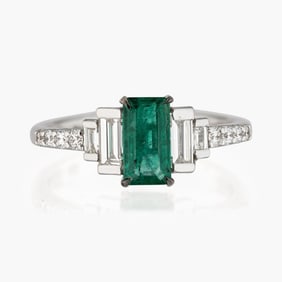 Art Deco Style Emerald And Diamond Ring In 18K White Gold