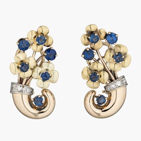 Retro Bi-Color 18K Gold Sapphire And Diamond Earrings