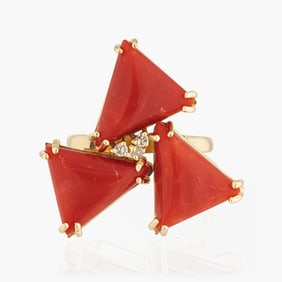 Coral and Diamond Ring in 18K Yellow Gold