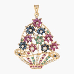 Vintage Gem Set Basket of Flowers Pendant in 14K Yellow Gold
