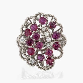 Vintage Ruby and Diamond Ring in 14K White Gold