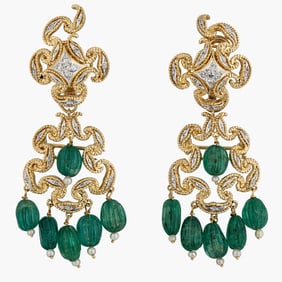 Emerald And Diamond Chandeller Earrings In 18K Gold