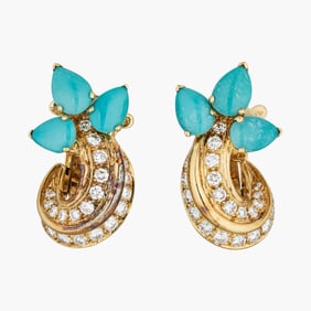 Vintage Turquoise And Diamond 18K Yellow Gold Earrings