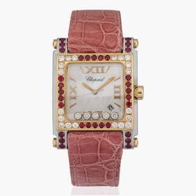 Chopard Happy Sport Square In Steel And Yellow Gold Bezel With Rubies And Diamonds