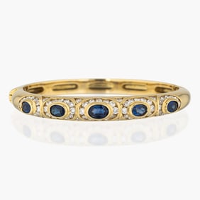 Vintage Sapphire and Diamond 18K Yellow Gold Bangle