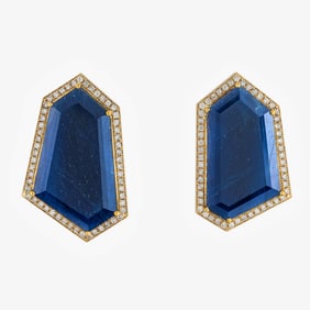 Fancy Cut Sapphires and Diamonds Ear Studs in 18K Yellow Gold