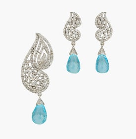 Vintage Aquamarine Drops and Diamond Hanging Earrings and Pendant Set