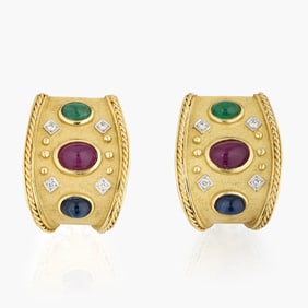 Vintage Diamond,Sapphire Ruby and Emerald Gold Earrings