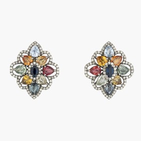 Multi Color Sapphire and Diamond Ear Clips in Silver and 14K Yellow Gold
