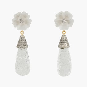 Rock Crystal Quartz and Diamond Ear Pendants in Silver /Gold