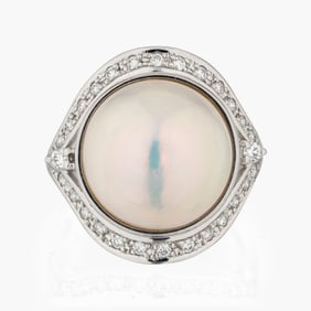 Mabe Pearl and Diamond Ring in Platinum by Tasaki