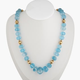 Vintage Carved Blue Topaz And Gold Beads Necklace