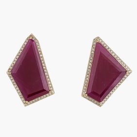 Fancy Cut Rubies and Diamond Ear Clips in 18K Yellow Gold