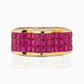 Invisible Set Ruby and Diamond Band in 18K Yellow Gold