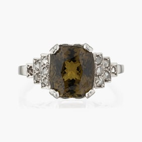 Art Deco Brown Chrysoberyl and Diamond Ring in Platinum,GIA