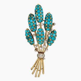 Natural Turquoise And Diamond 18K Yellow Gold Wheat Crop Brooch.