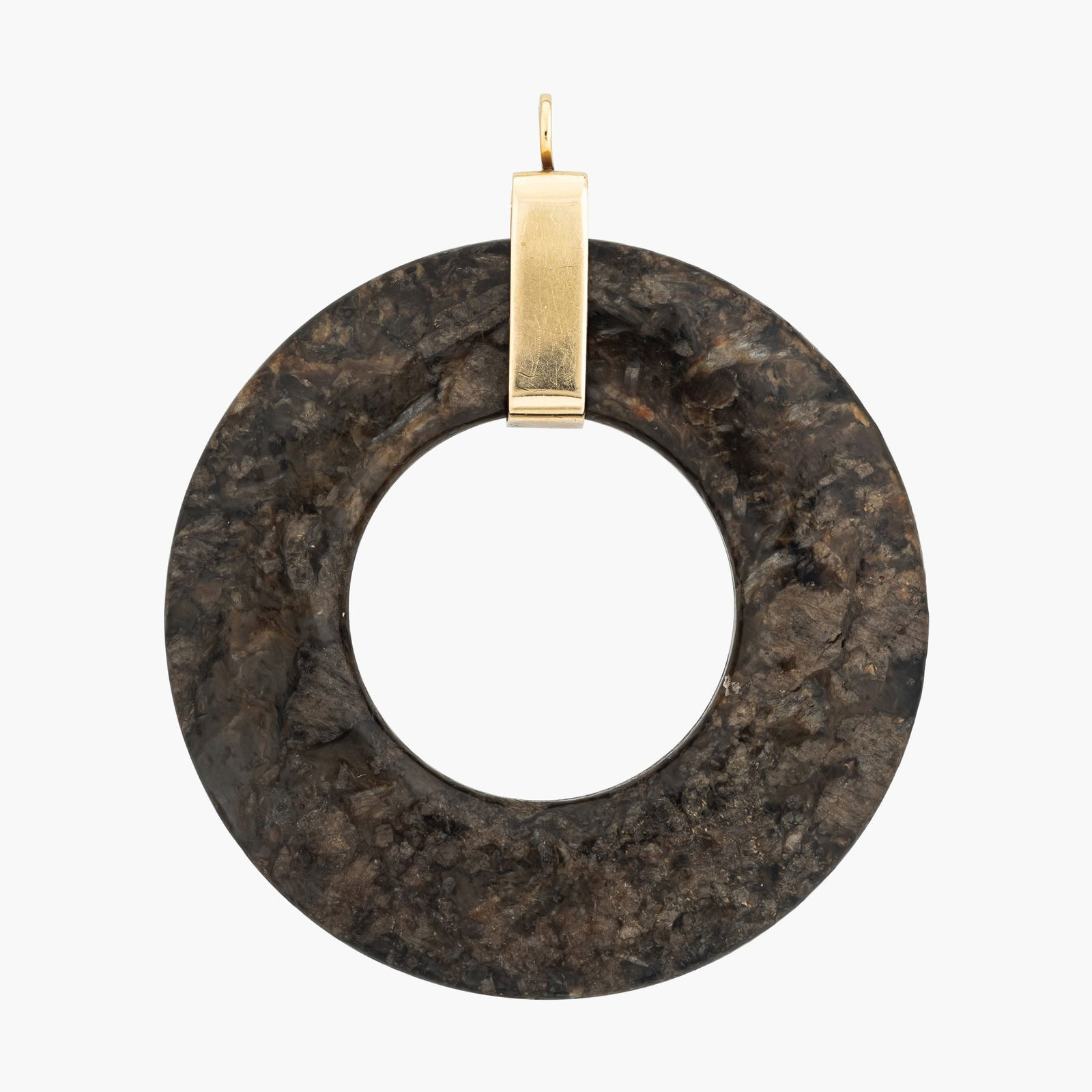 Chinese Nephrite Jade BI Disk Pendant, 18K Yellow Gold: China, opaque dark green jade with speckled russet inclusions, 18K gold clasp, 2.5"dia (disk) Provenance: 118 E. 87th St, NYC: A Private Collection featuring Ancient, Native Ameri