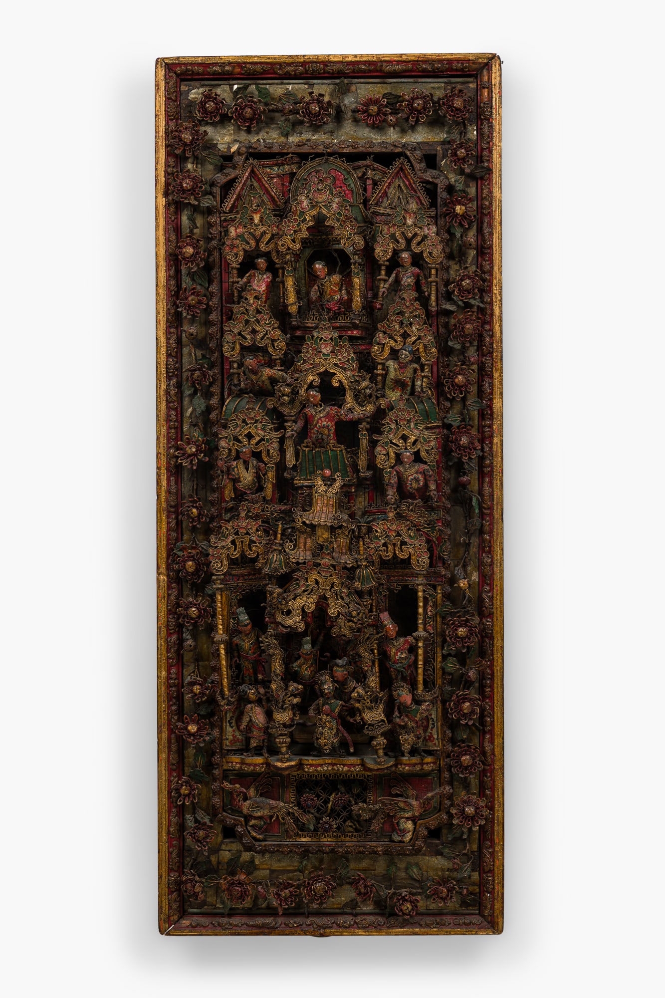 Large Chinese Polychrome and Gilt Basketweave Panel : c. 19th c., China, gilt metal wire with lacquered rattan weave elements, assembled into a high relief diorama depicting figures in balconies in densely ornamented architectural facade, 59.5"h x 2