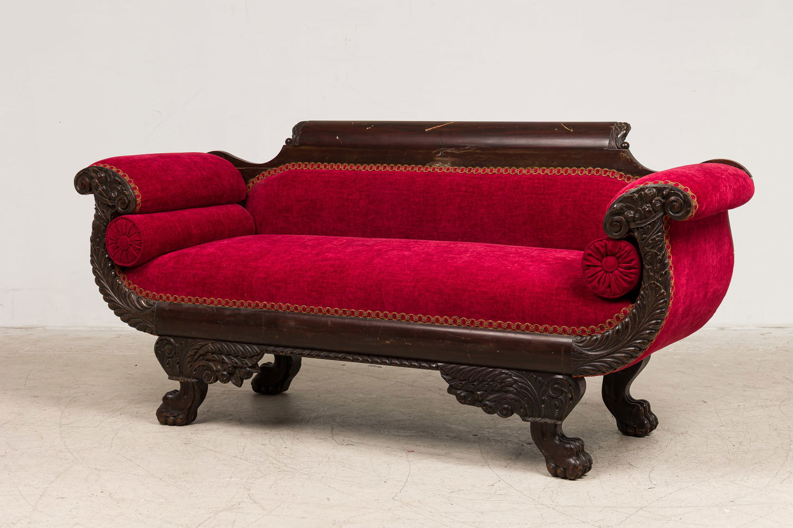 American Empire Style Mahogany Red Settee (1 of 11)