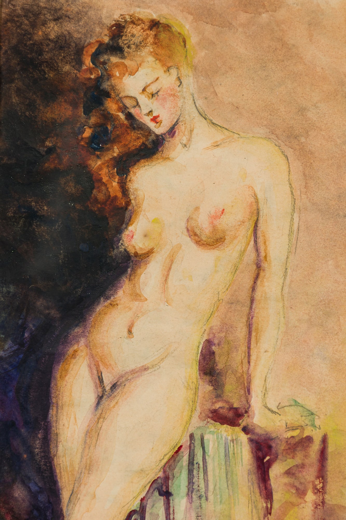 Donald Purdy, watercolor on paper: Donald Purdy (American, 1924-2016), Nude Study, signed "Purdy" lower left, matted and framed under glass, 8.5"h x 5"w (sight), 17"h x 13"w (frame) Similar: William-Adolphe Bouguereau, Alexandre Cabane