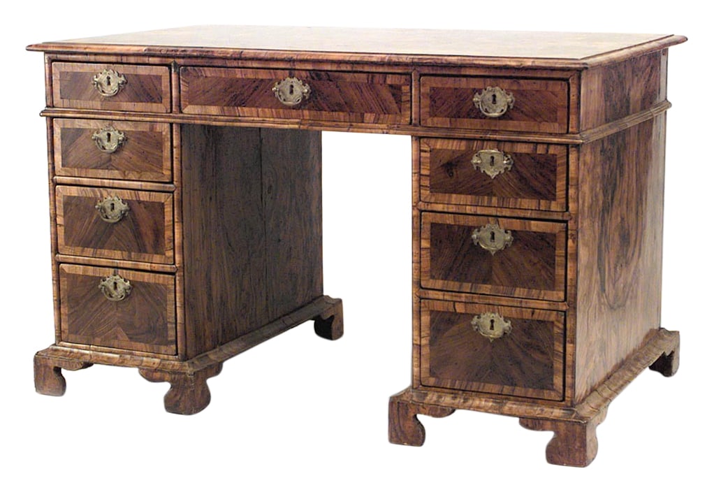 English George III Burl Walnut Kneehole Desk: c. late 18th c., England, figured wood burl veneer, oak secondary, the kneehole centered between four stacked drawers, on block feet, engraved brass escutcheons, 30"h x 48.5"w x 29"d